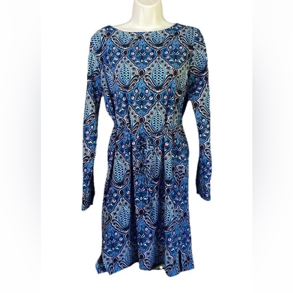 LOFT Blue Paisley Long-Sleeve Fit-and-Flare Dress